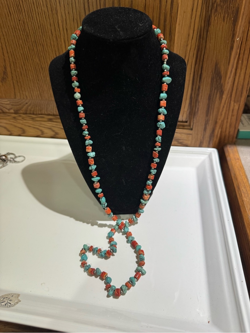 Vintage Carol Dauplaise Turquoise and Sponge Coral Necklace 32”